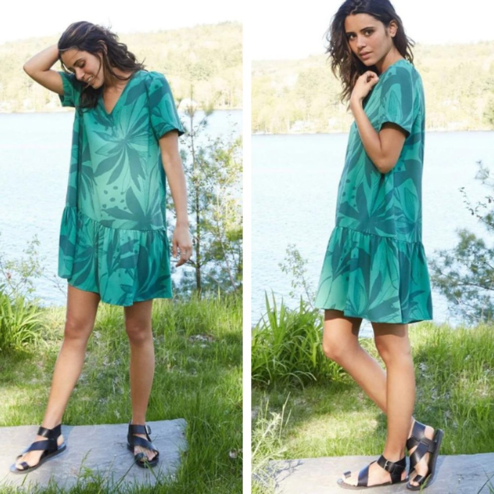 A New Day Leaf Print Short Sleeve Mini Ruffle Hem Dress
